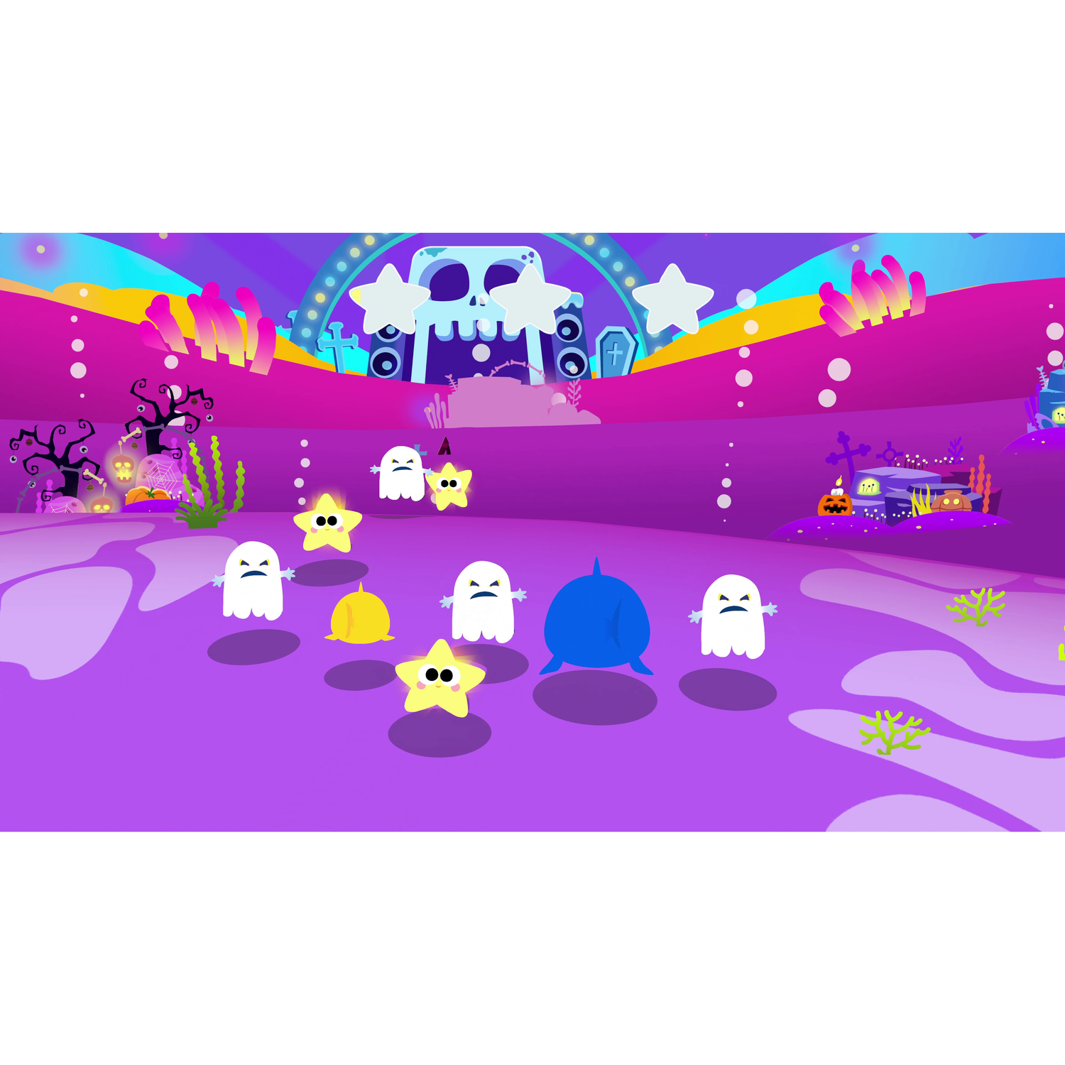 Una scena sottomarina a cartoni animati con fantasmi, stelle e un teschio. Lo sfondo è viola e colorato.