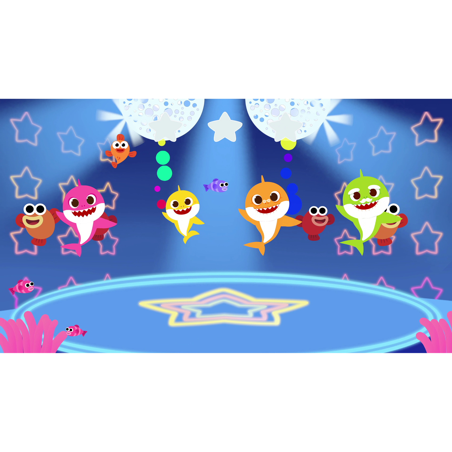 Personaggi di Baby Shark che ballano su un palco con luci e stelle sullo sfondo.