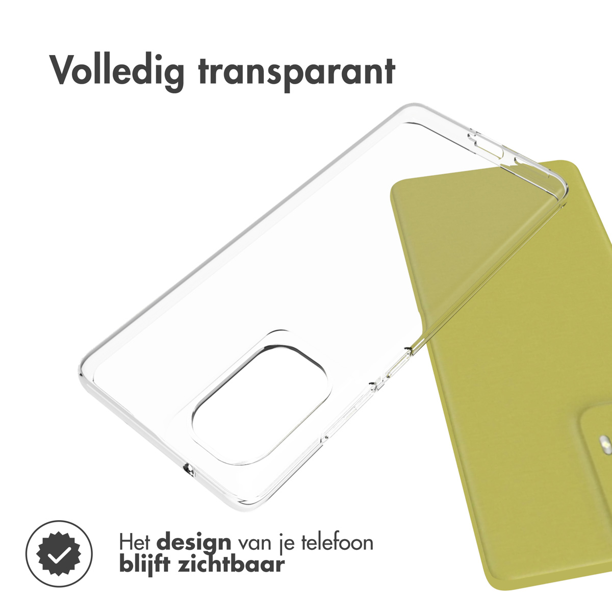 Een doorzichtige telefoonhoes wordt omhoog gehouden, naast een groene telefoon. Tekst zegt 'Volledig transparant'.