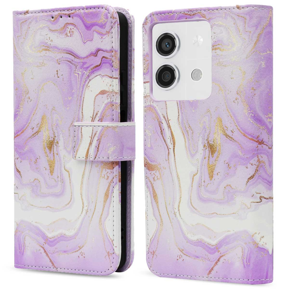 Un étui de téléphone violet à motif marbré, ouvert. Des veines dorées traversent le blanc et le violet. La caméra du téléphone est visible à droite.