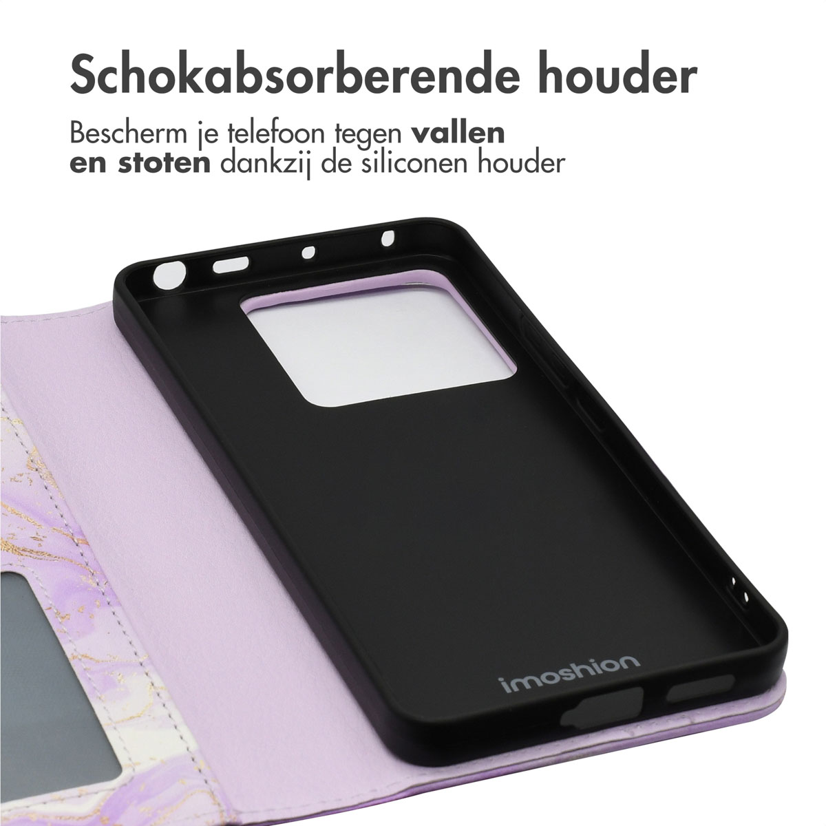 Zwarte binnenkant van de telefoonhoes met een uitsparing voor de telefoon en camera. Toont een zwarte telefoon erin.