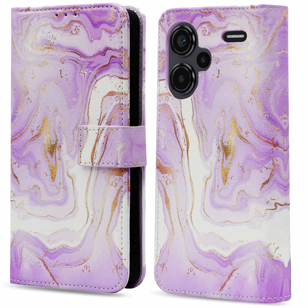 Étui de téléphone en marbre violet, fermé et ouvert, montrant le design et la fermeture magnétique.