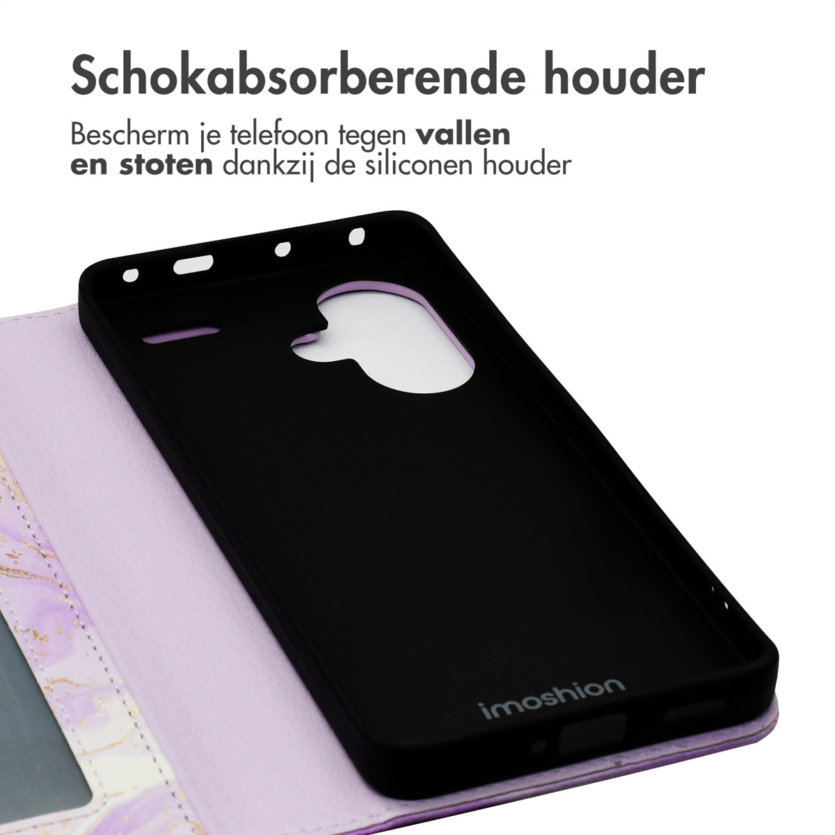 Coque de téléphone noire avec intérieur violet à motifs, texte : "Schokabsorberende houder".