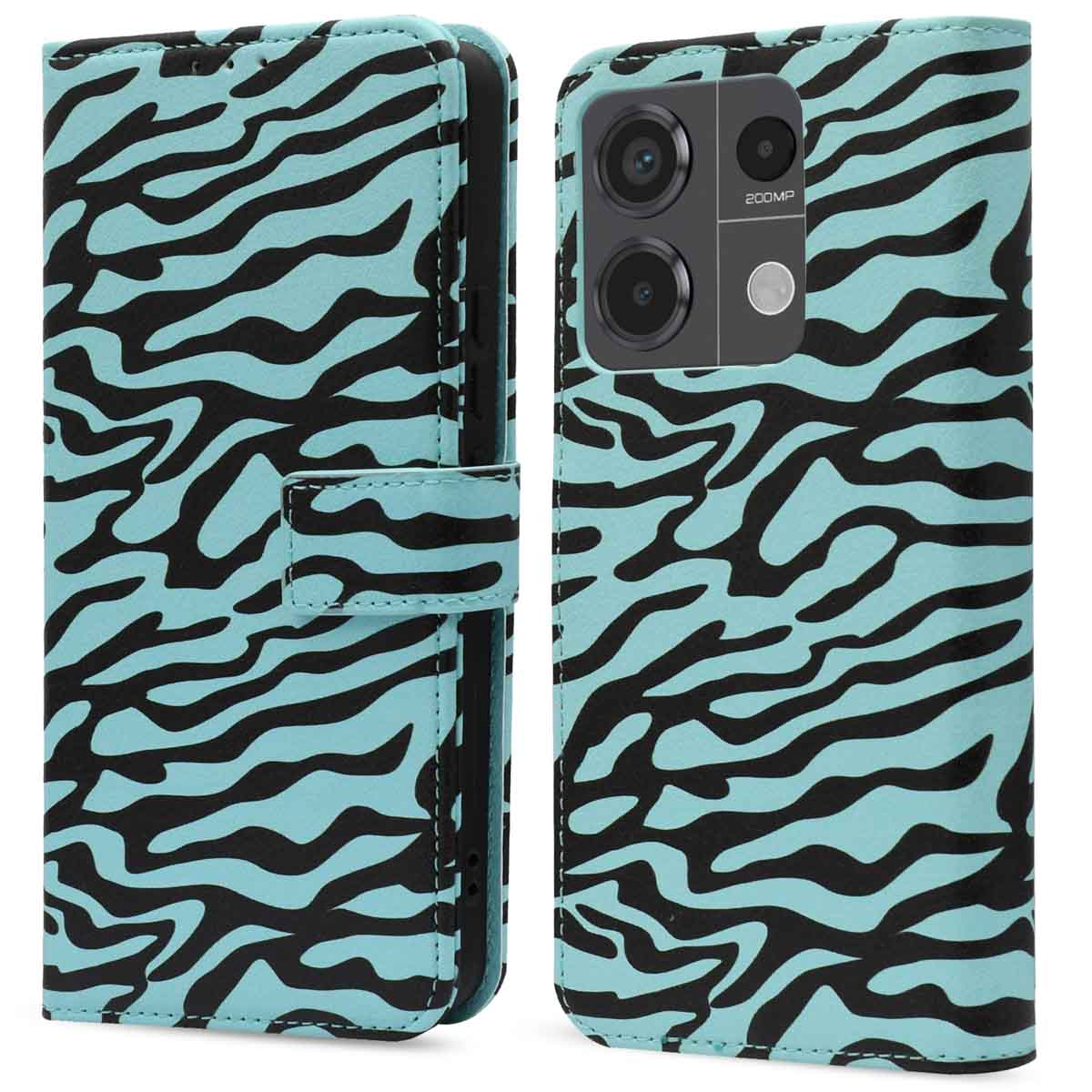 Een lichtblauwe telefoonhoes met een zwart zebra-streepjespatroon, open en dicht.