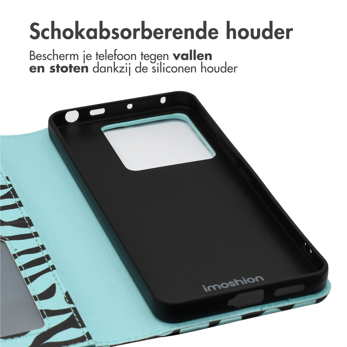 Een zwarte telefoonhoes binnenkant met een siliconen houder en een zebraprint design.