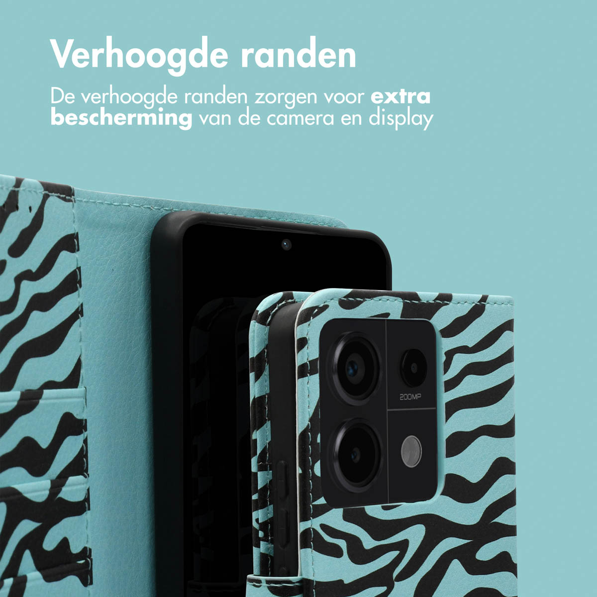 Telefoonhoesje met zwart-turkooise zebra strepen, met een cameramodule.