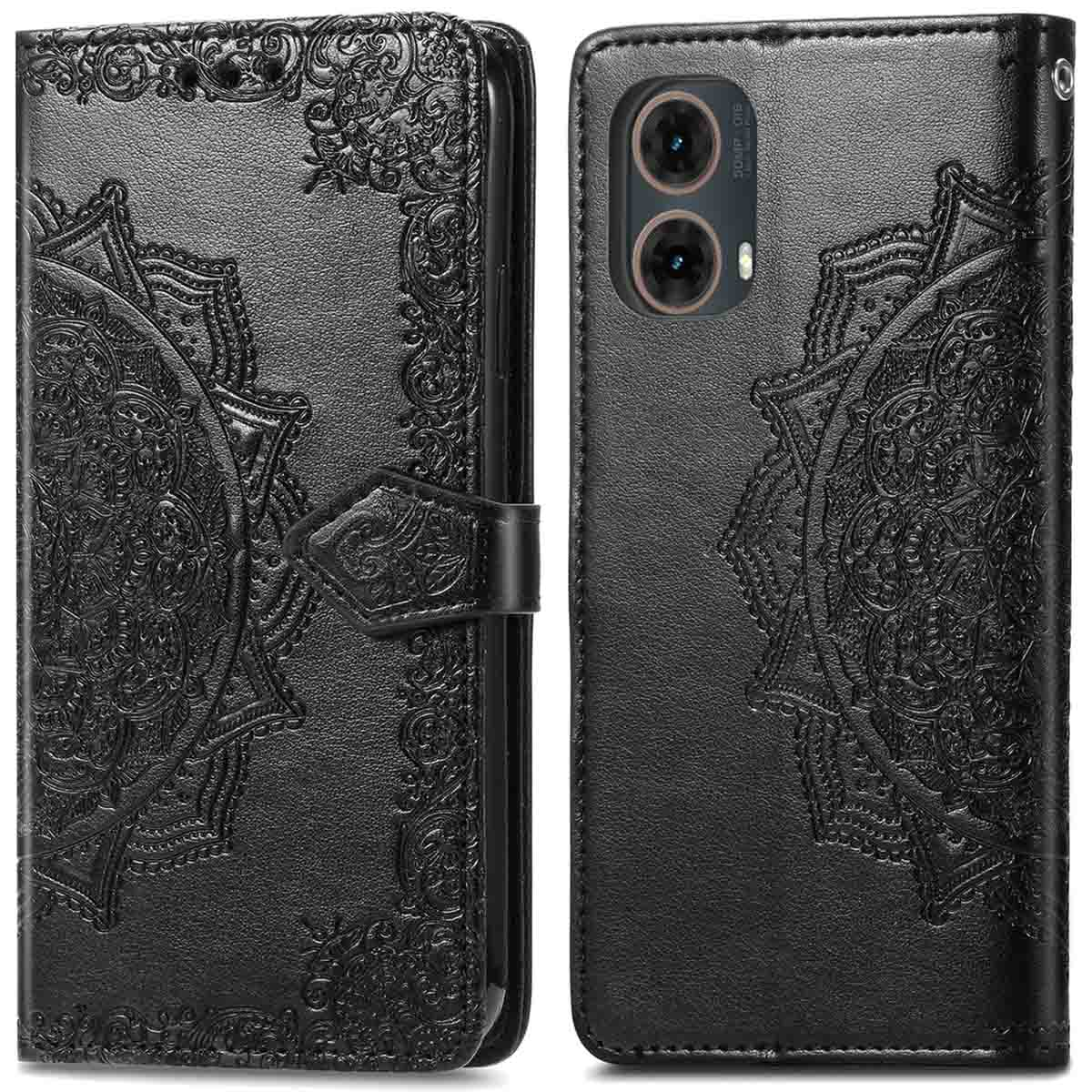 Custodia nera per telefono con un design mandala. La custodia è chiusa e aperta, mostrando il design interno.
