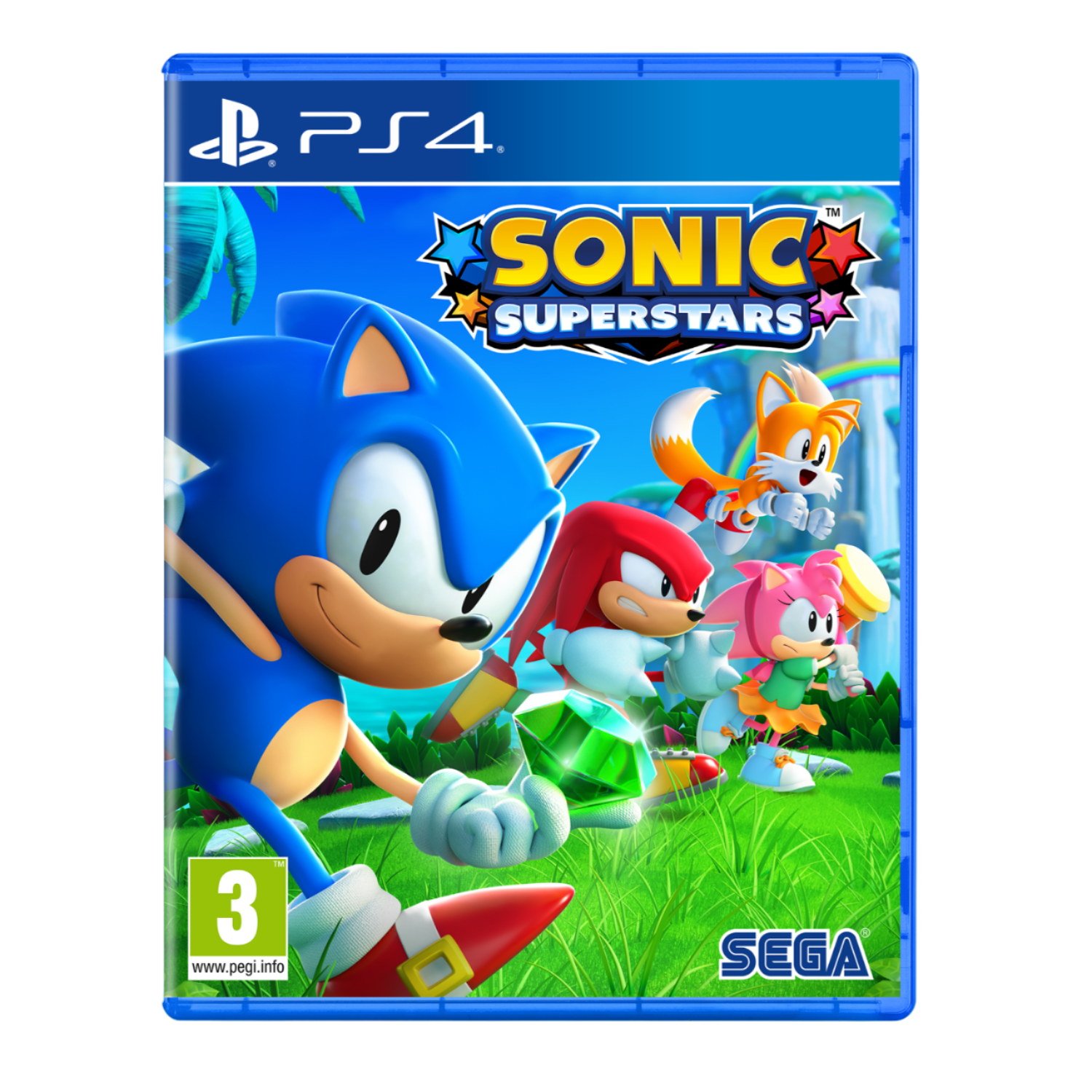 Sonic Superstars game box art. Sonic, Tails, Knuckles, and Amy Rose are featured, colorful and vibrant.