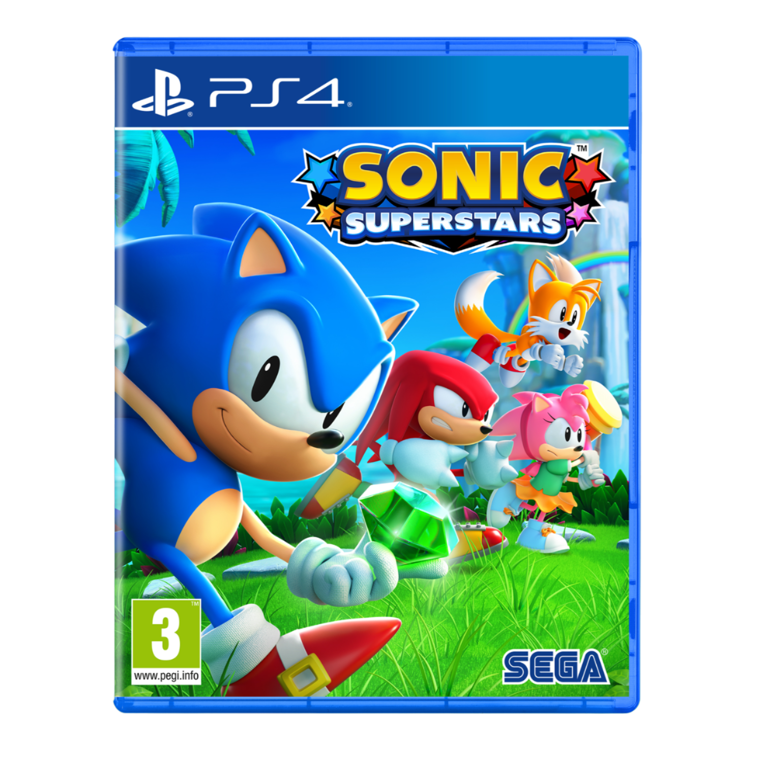 Sonic Superstars game cover. Sonic, Tails, Knuckles, and Amy Rose running. Green background.
