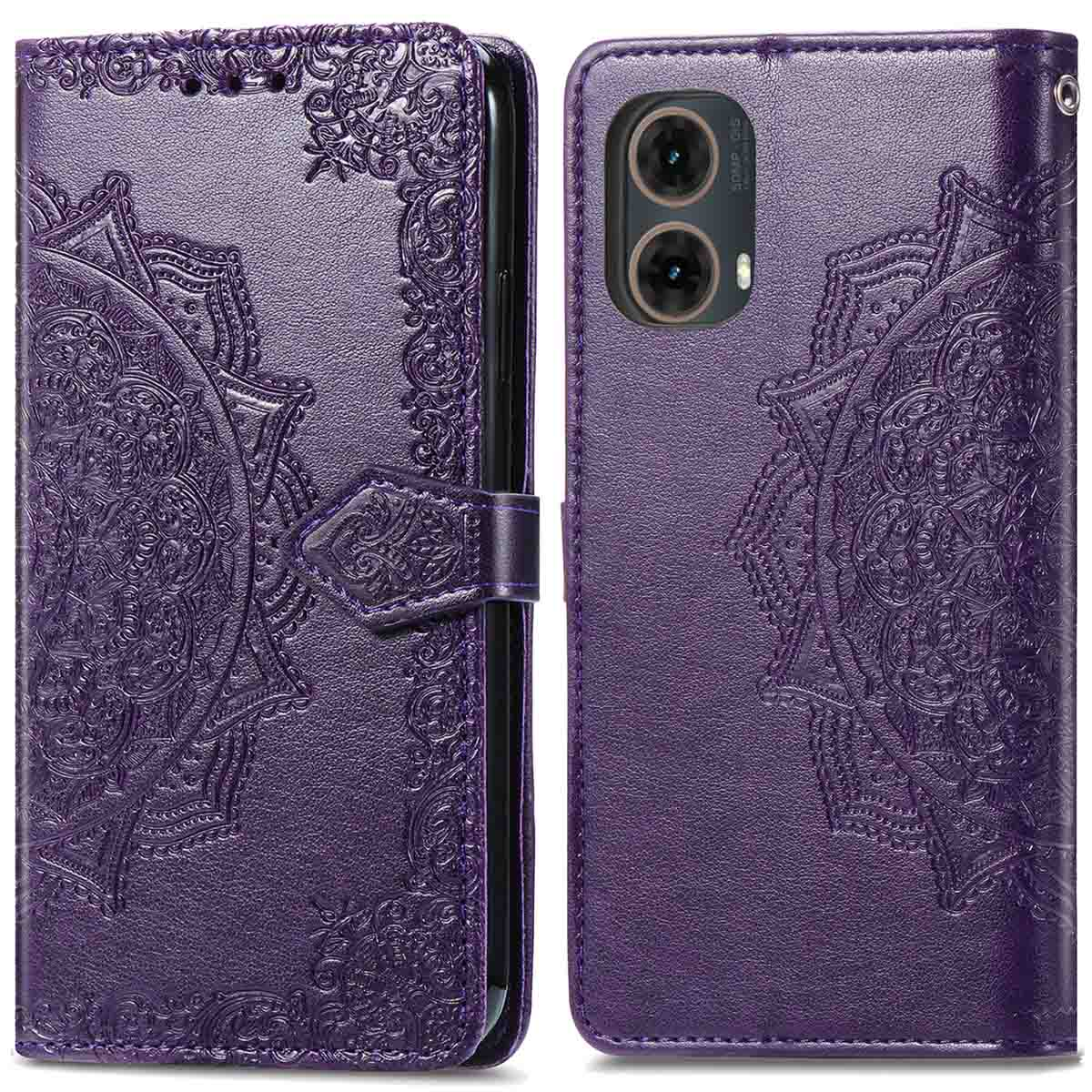 Custodia per telefono in pelle viola con design mandala ornato, chiusa e aperta.