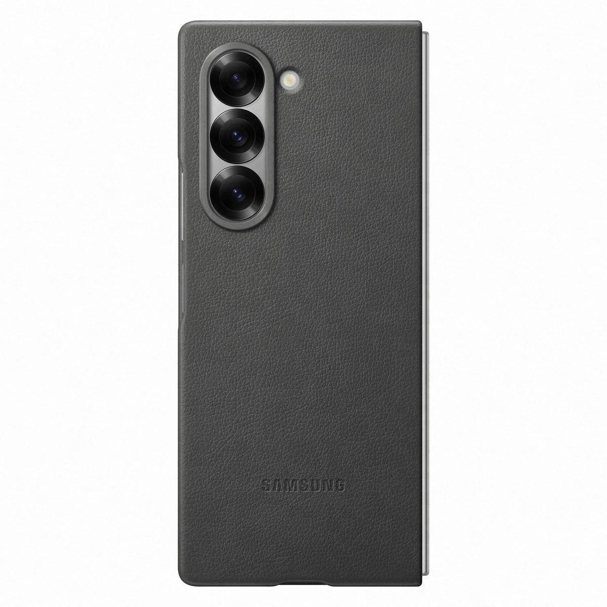 Étui de téléphone gris foncé avec lentilles de caméra et logo Samsung.