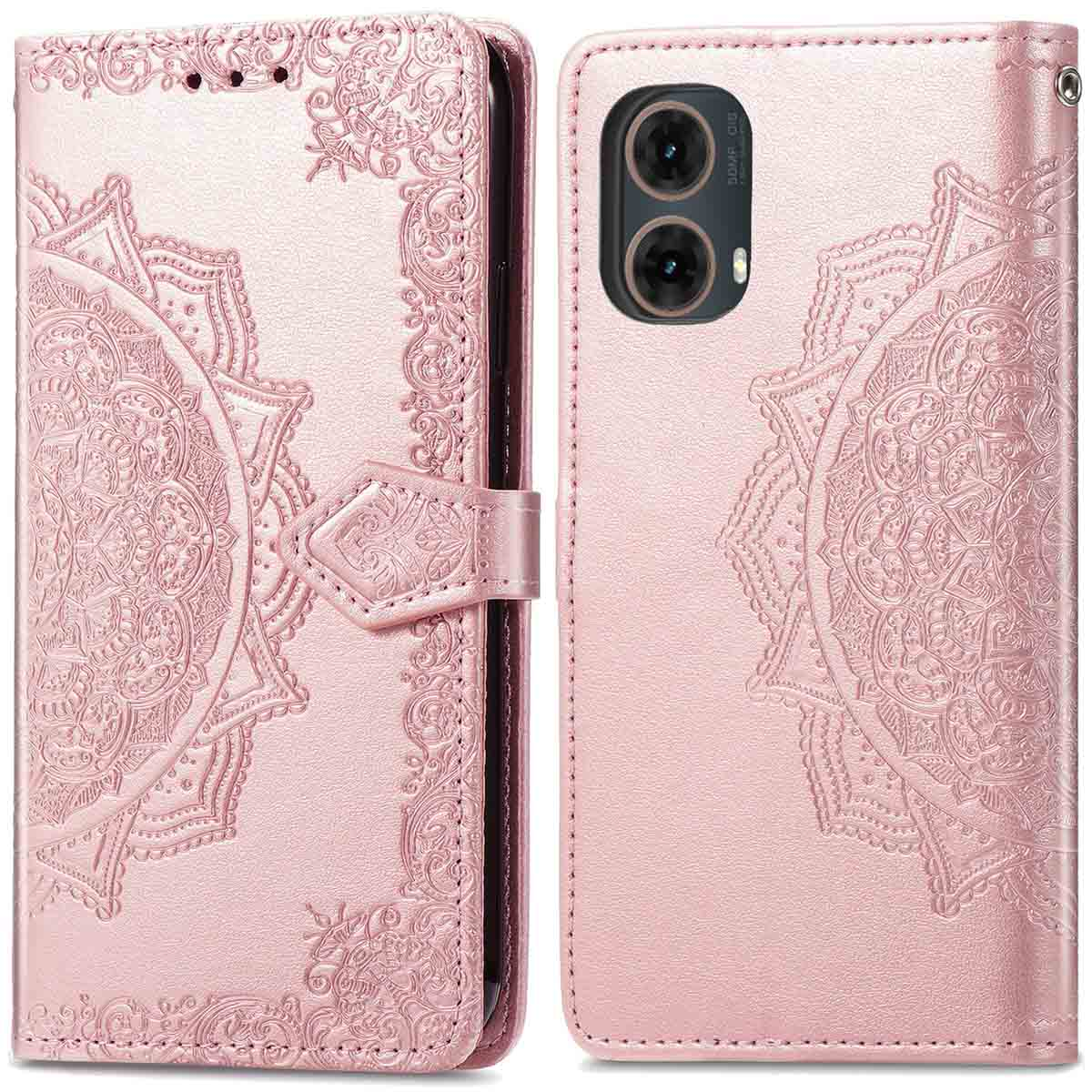 Custodia per telefono rosa con design mandala in rilievo, aperta e chiusa, che mostra il retro.