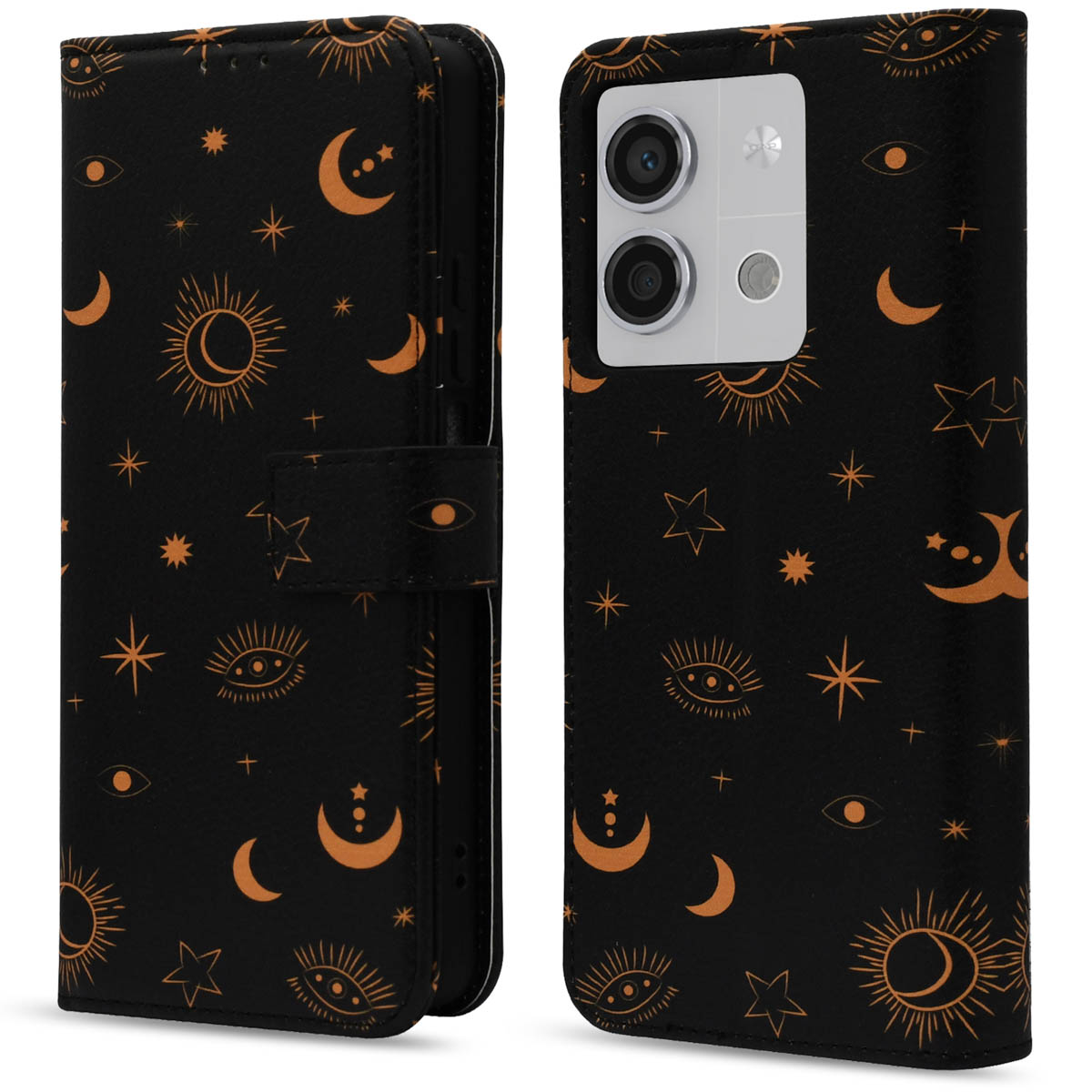 Zwarte telefoonhoes met gouden hemels patroon: manen, sterren en ogen. Gesloten en open.