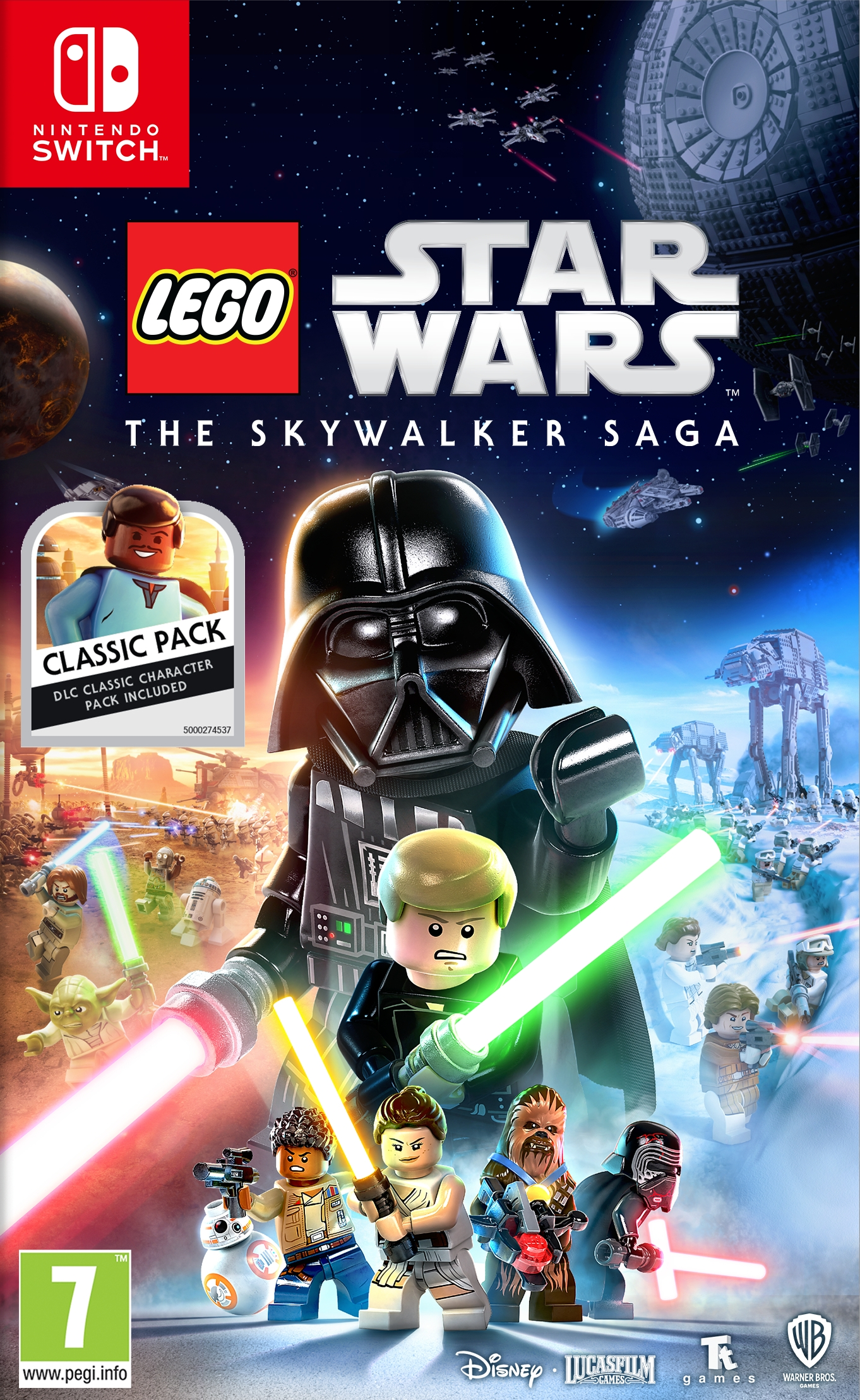 Nintendo Switch gamebox art: LEGO Star Wars, The Skywalker Saga. Darth Vader staat centraal.