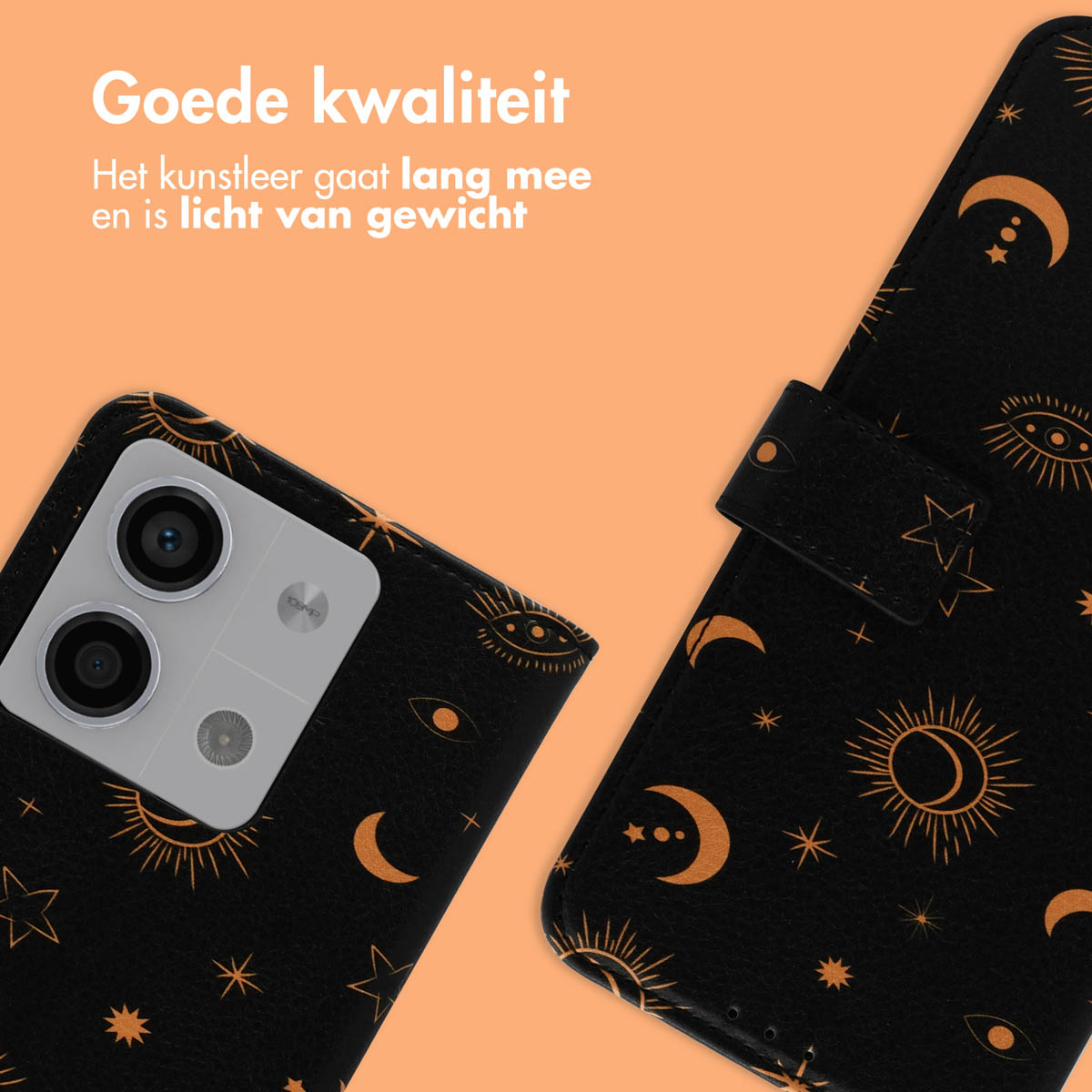 Telefoonhoesje met patroon. Zwarte hoes met gouden manen en sterren. Open naar rechts.