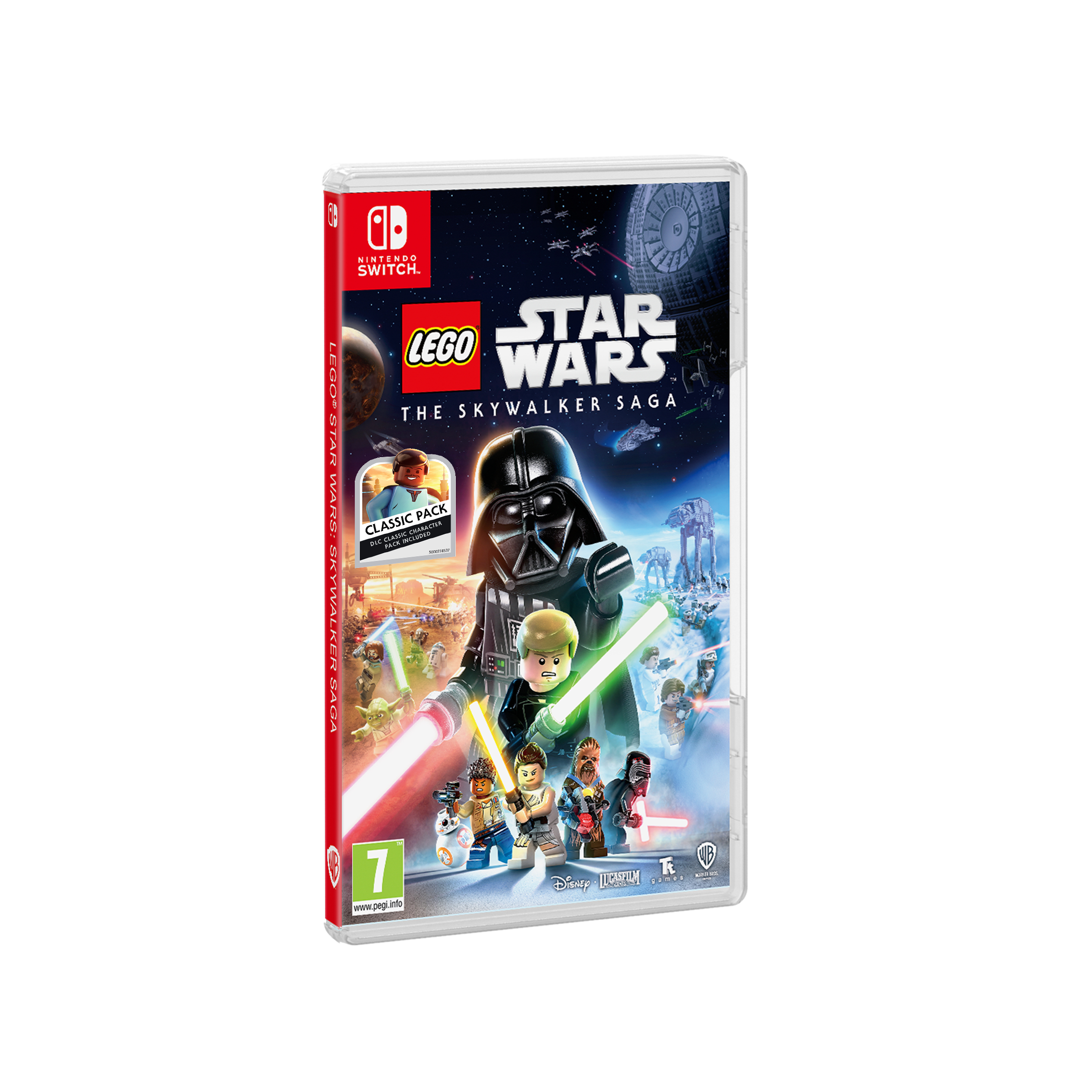 Lego Star Wars: The Skywalker Saga gamebox. Personages uit de film met een planeet op de achtergrond.