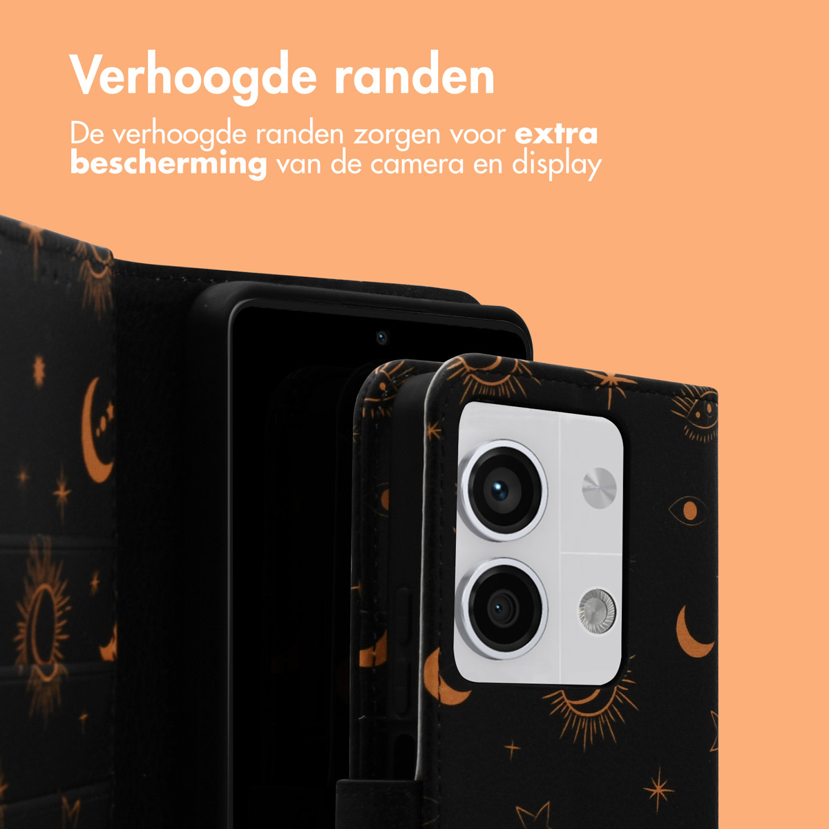 Telefoonhoesje met zon- en maanontwerp. Toont een telefoon in de open hoes met tekst.