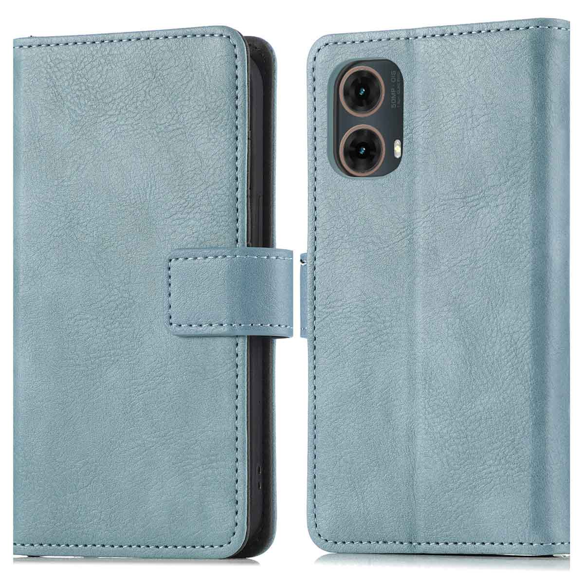 Een lichtblauwe telefoonhoes, open. Binnenin zit een telefoon met twee camera's. De hoes heeft een knoopsluiting.