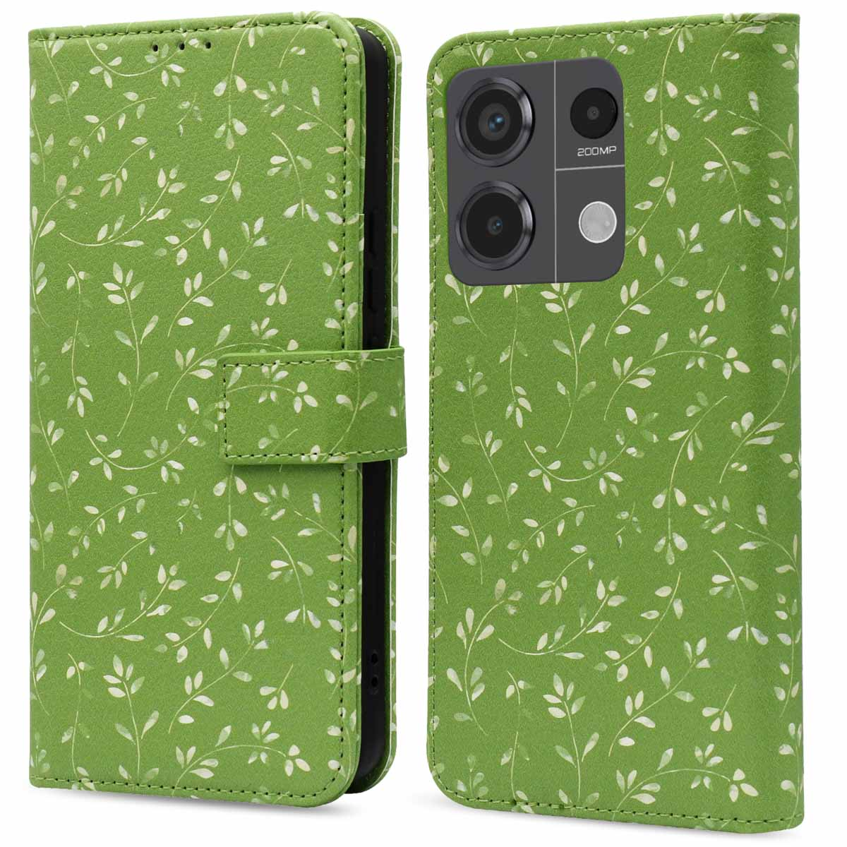 Groene telefoonhoes met een bloemenpatroon, met de camera van de telefoon.