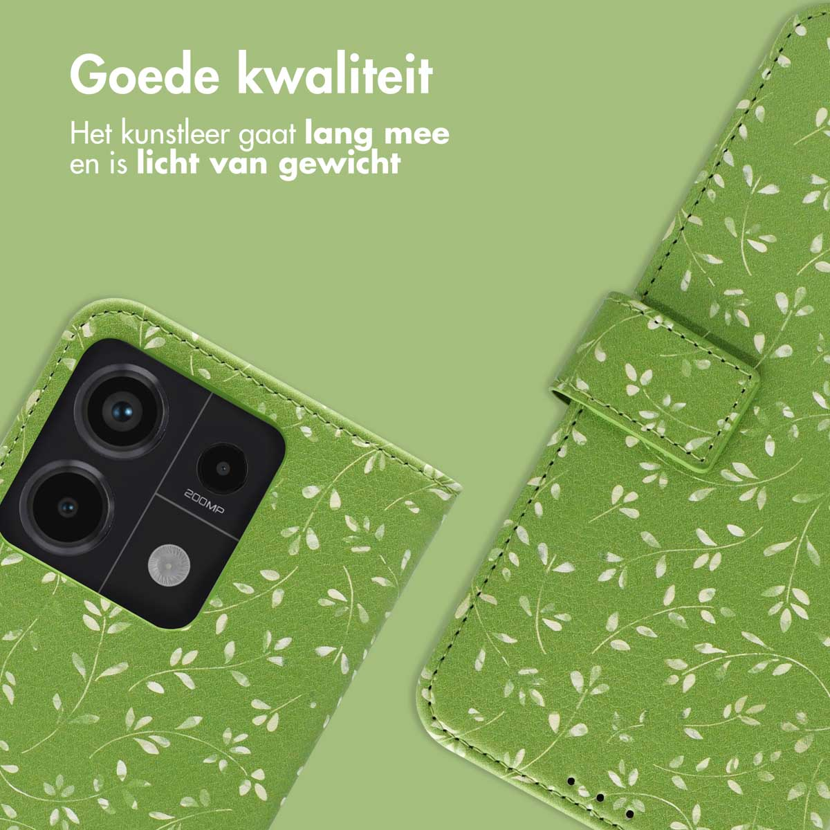Groene telefoonhoes met bladpatroon. Toont de achterkant van de telefoon en de voorkant.