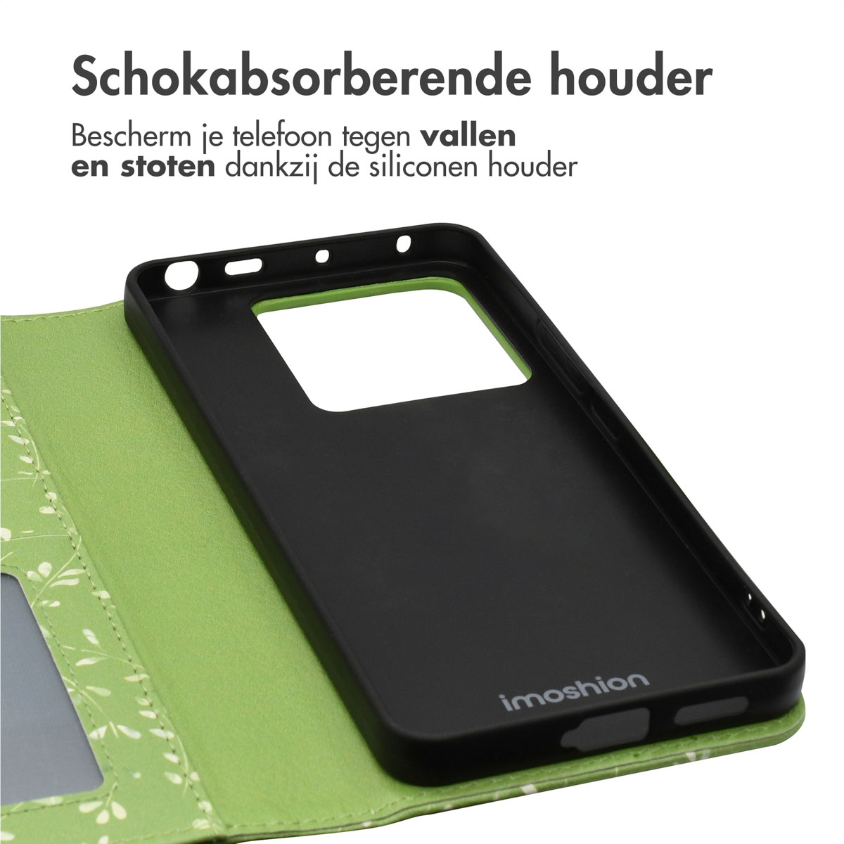 Zwarte telefoonhoes met groen bloemenpatroon, open. Tekst: Schokabsorberende houder.