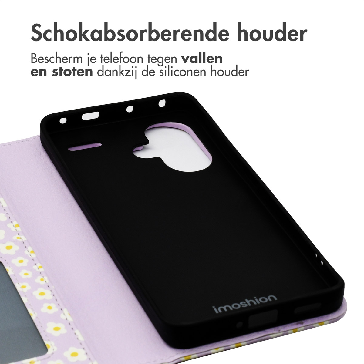 Een open telefoonhoes met een zwarte telefoonhouder en een bloemenpatroon aan de binnenkant. Tekst: 'Schokabsorberende houder'.
