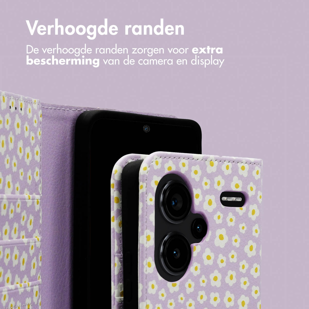 Telefoonhoesje met een bloemmotief en een telefoon erin.