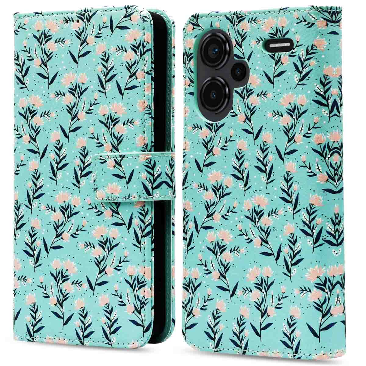 Étui de téléphone avec motif floral sur fond turquoise, fermé et ouvert.