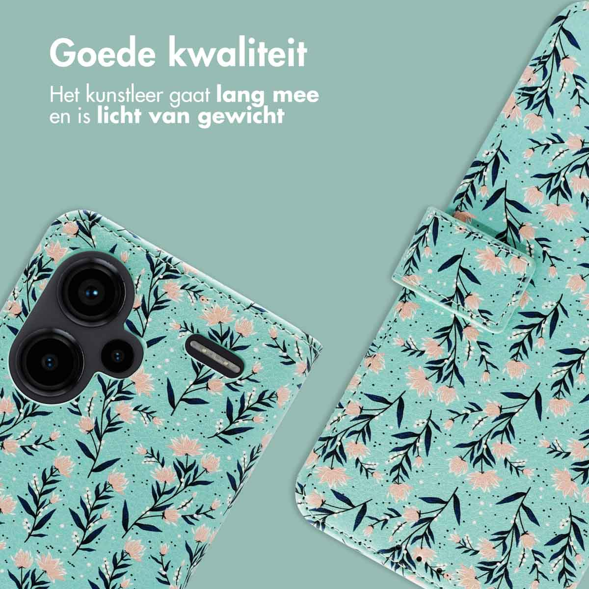 Coque de téléphone à motif floral, fond turquoise, fleurs roses et feuilles vert foncé.
