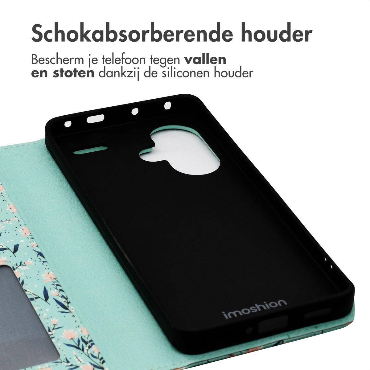 Un étui de téléphone et un téléphone. L'étui est noir et l'intérieur bleu avec un motif floral. Le téléphone est à l'intérieur.