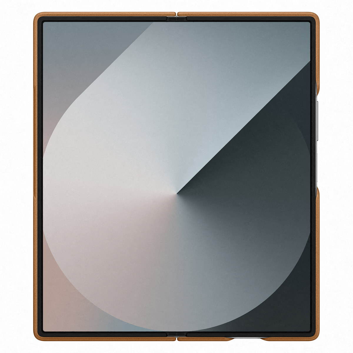 Tablette avec une housse en similicuir marron. L'écran affiche un design géométrique dégradé.