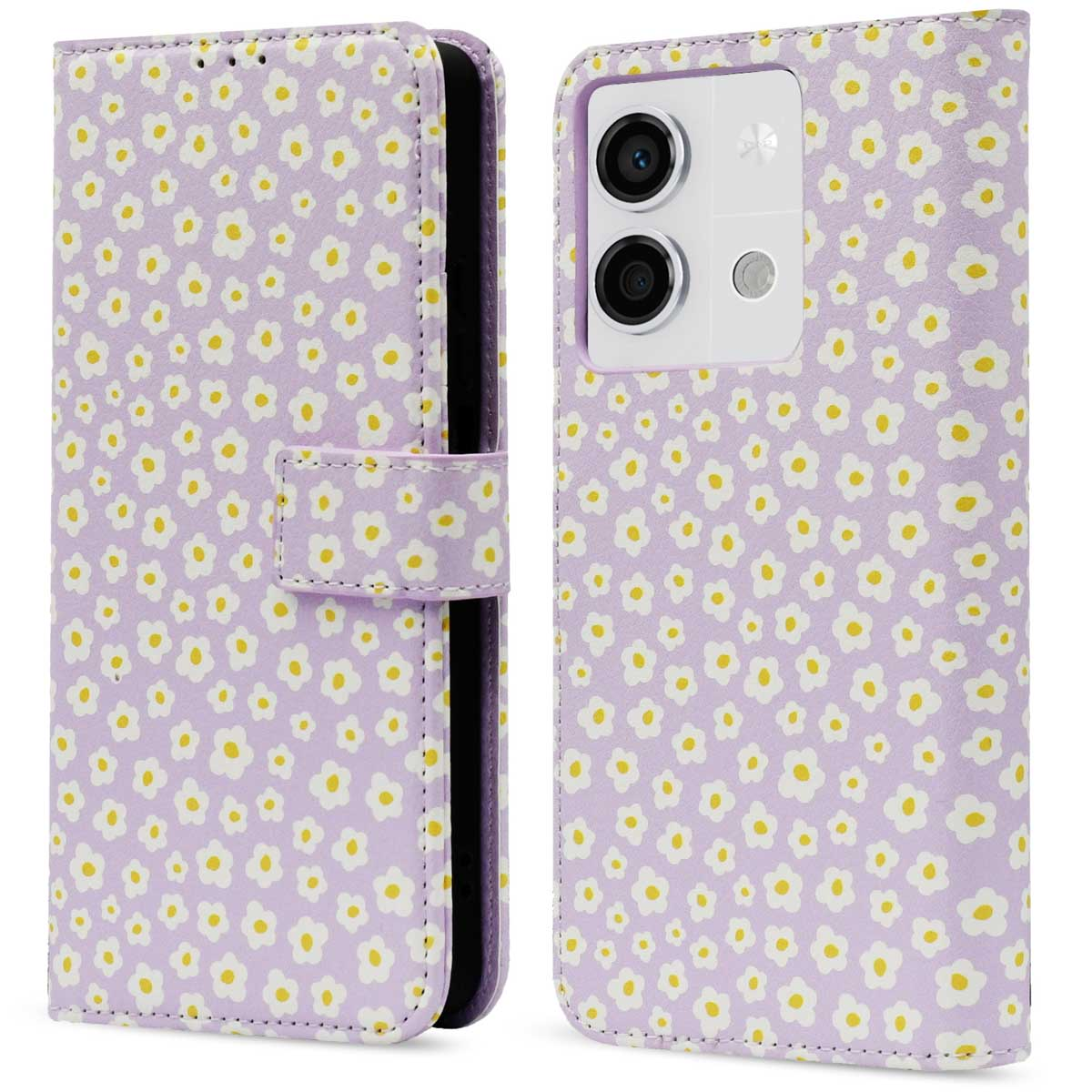 Een telefoonhoesje met een bloemenpatroon van witte bloemen met gele centra op een lavendelachtergrond.