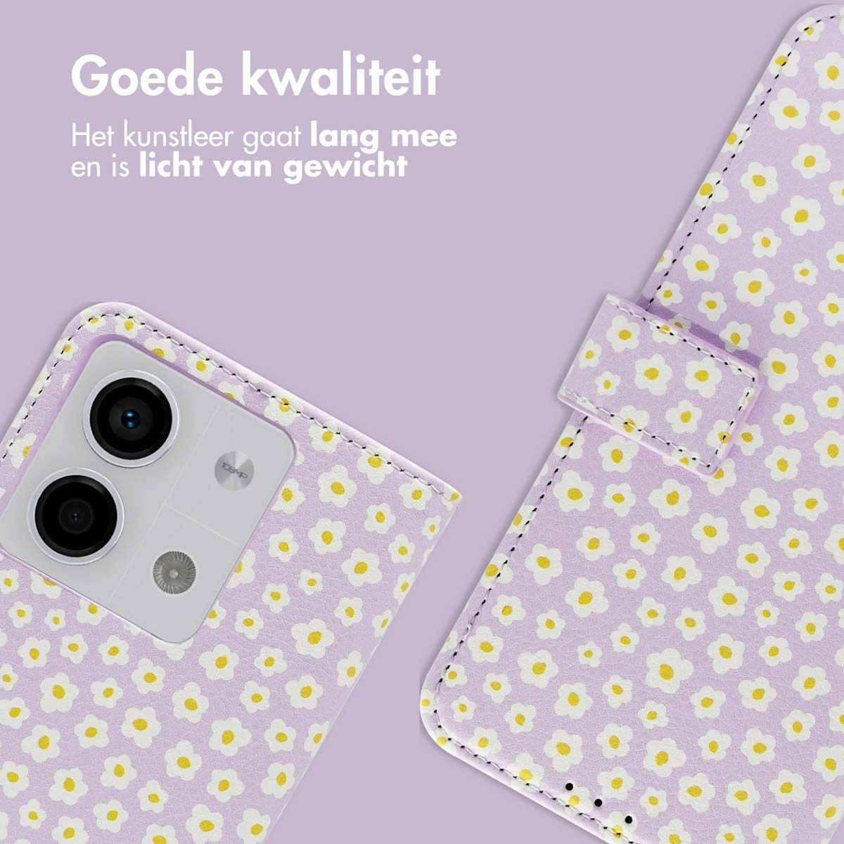 Telefoonhoes open met madeliefpatroon. Telefoon met zichtbare camera. Paarse achtergrond met tekst.