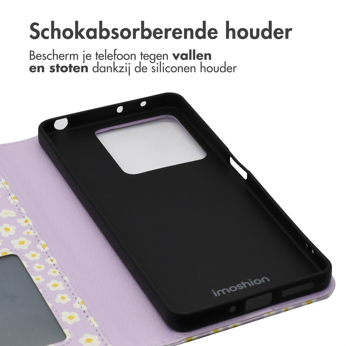 Open telefoonhoesje. Zwarte telefoonhouder. Telefoonhoesje met madeliefpatroon. Paarse achtergrond.