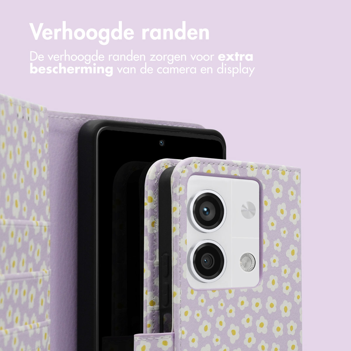 Telefoon in hoesje met madeliefpatroon. Telefooncamera zichtbaar. Hoesje op paarse achtergrond.