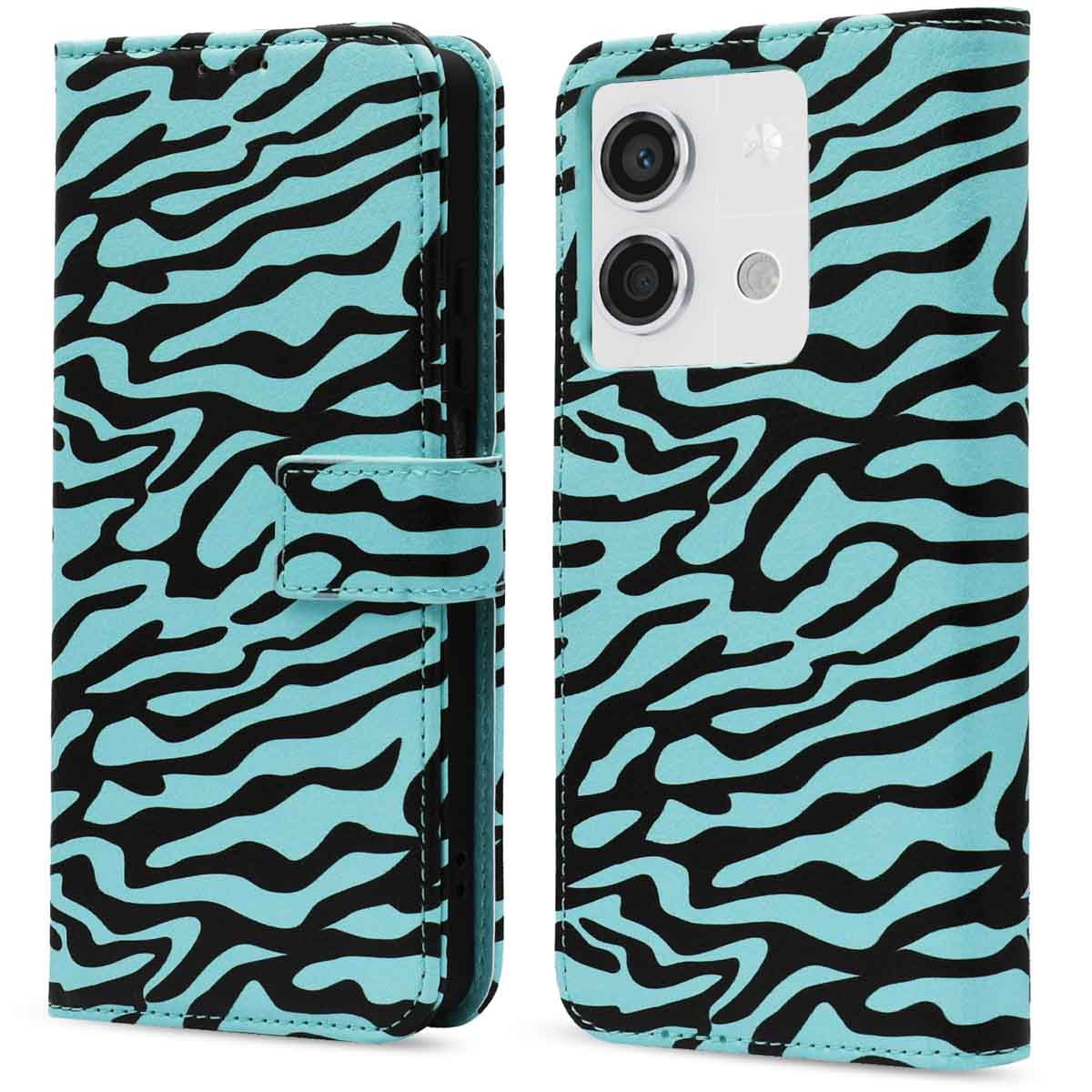 Een telefoonhoesje met een blauw-zwart zebra streepjespatroon. Links gesloten, rechts open.