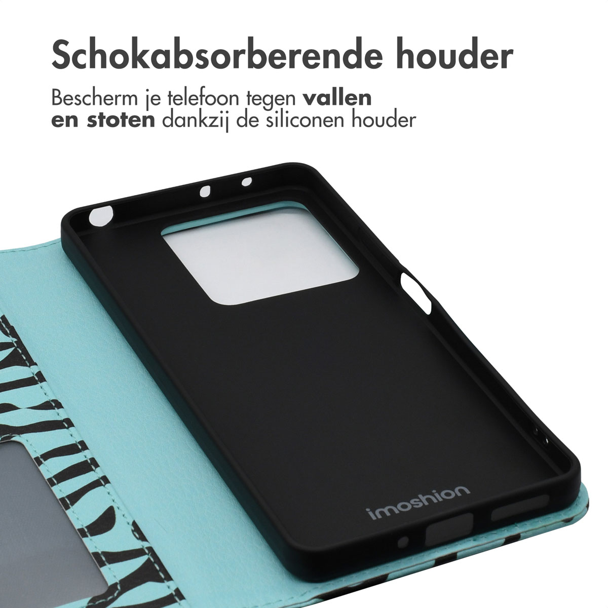 Close-up van een zwart telefoonhoesje interieur met een blauw en zwart zebrapatroon. Een telefoon zit erin.