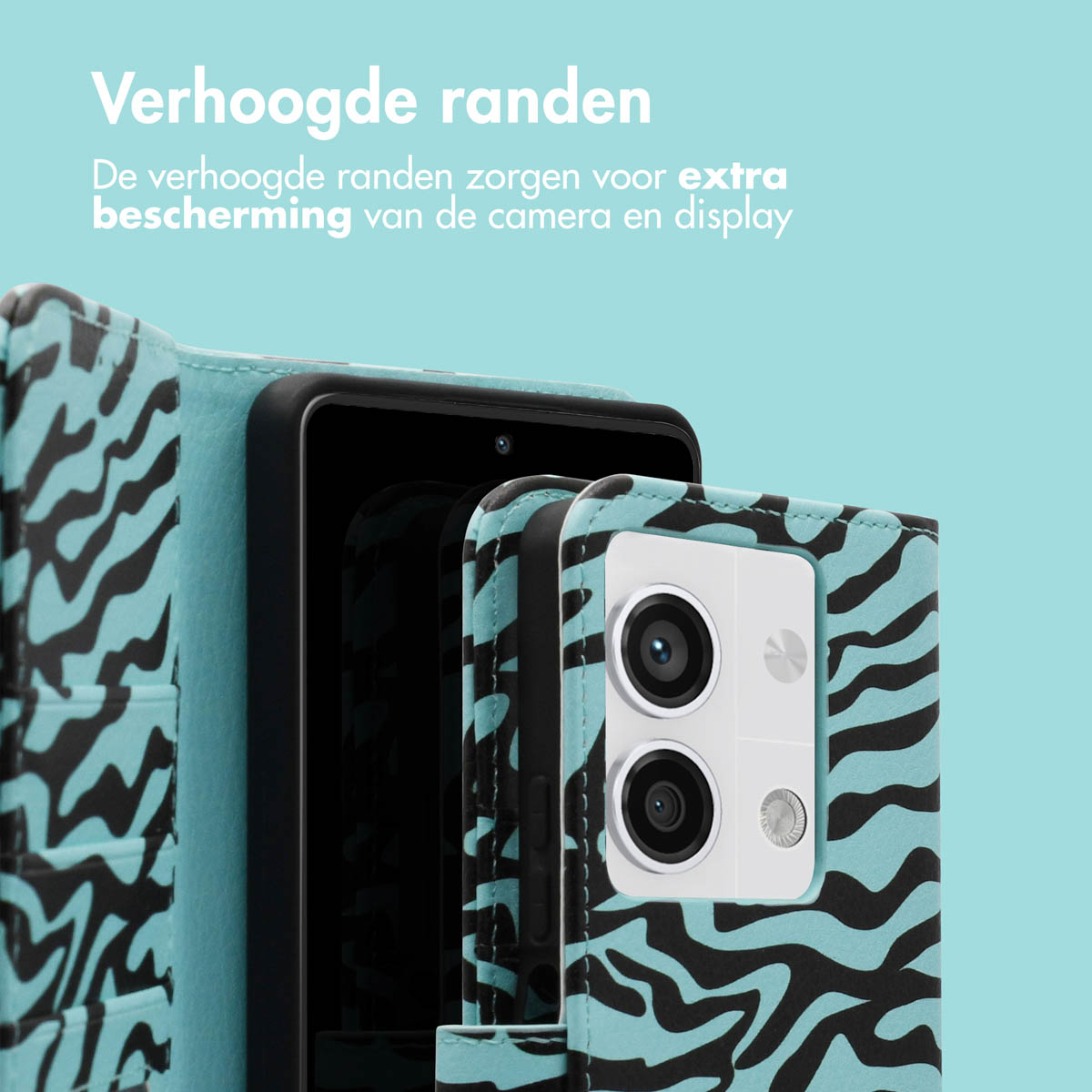 Een lichtblauwe telefoonhoes met zwart zebrapatroon, open en toont het telefoonscherm.