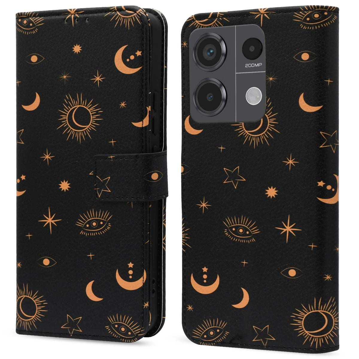 Zwarte telefoonhoes met hemelse symbolen in goud.