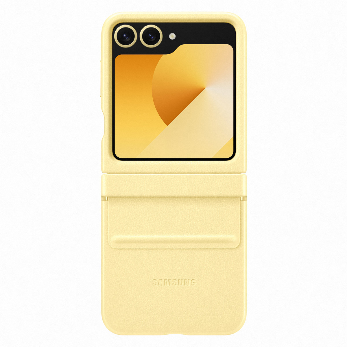 Funda de teléfono amarilla con un teléfono plegable dentro, desplegado. La pantalla muestra un patrón. Fondo negro.