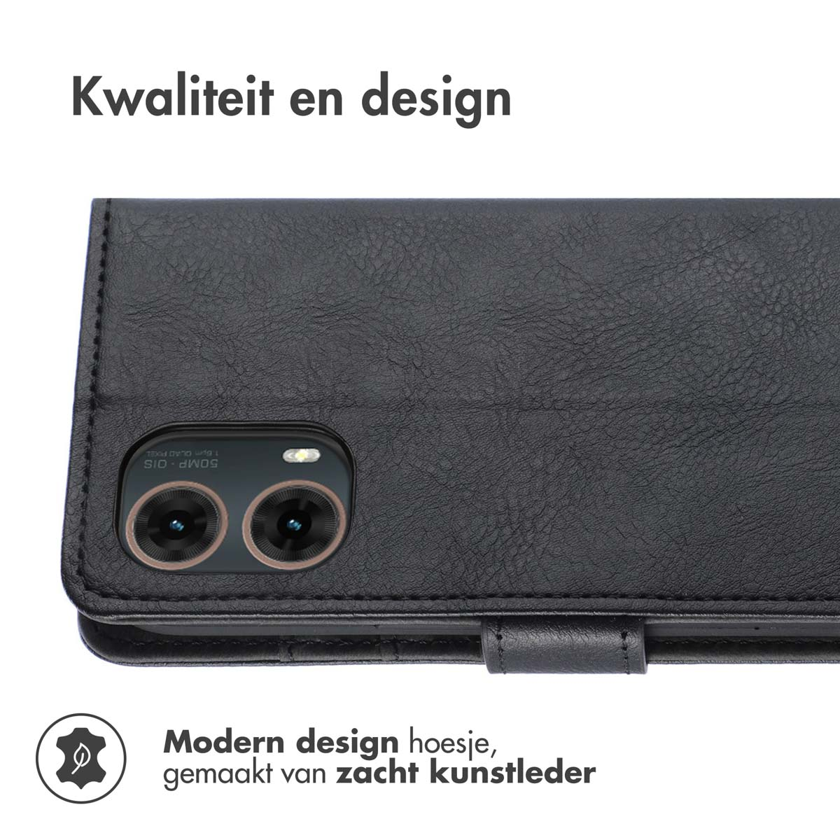 Zwarte telefoonhoes, met de camera en telefoon. De hoes is gemaakt van zacht kunstleer.