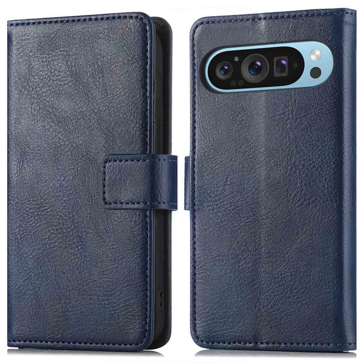 Étui de téléphone en cuir bleu, ouvert. L'intérieur montre la caméra du téléphone et le pli du rabat.