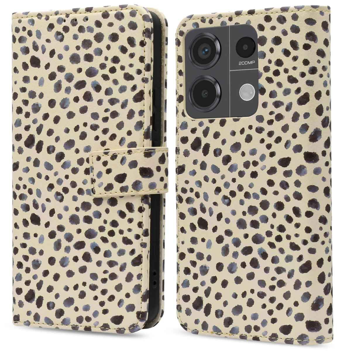 Telefoonhoesje met een crèmekleurige achtergrond en donkerblauwe stippen. De hoes is open en heeft een telefoon erin.