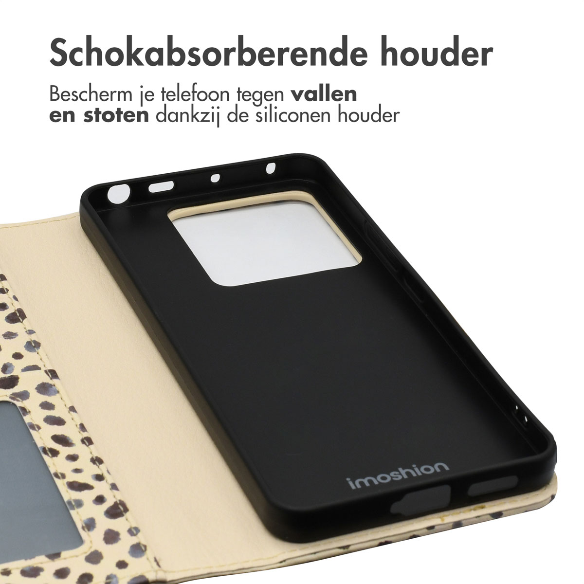Zwarte telefoonhoes binnenkant met een luipaardprint cover.