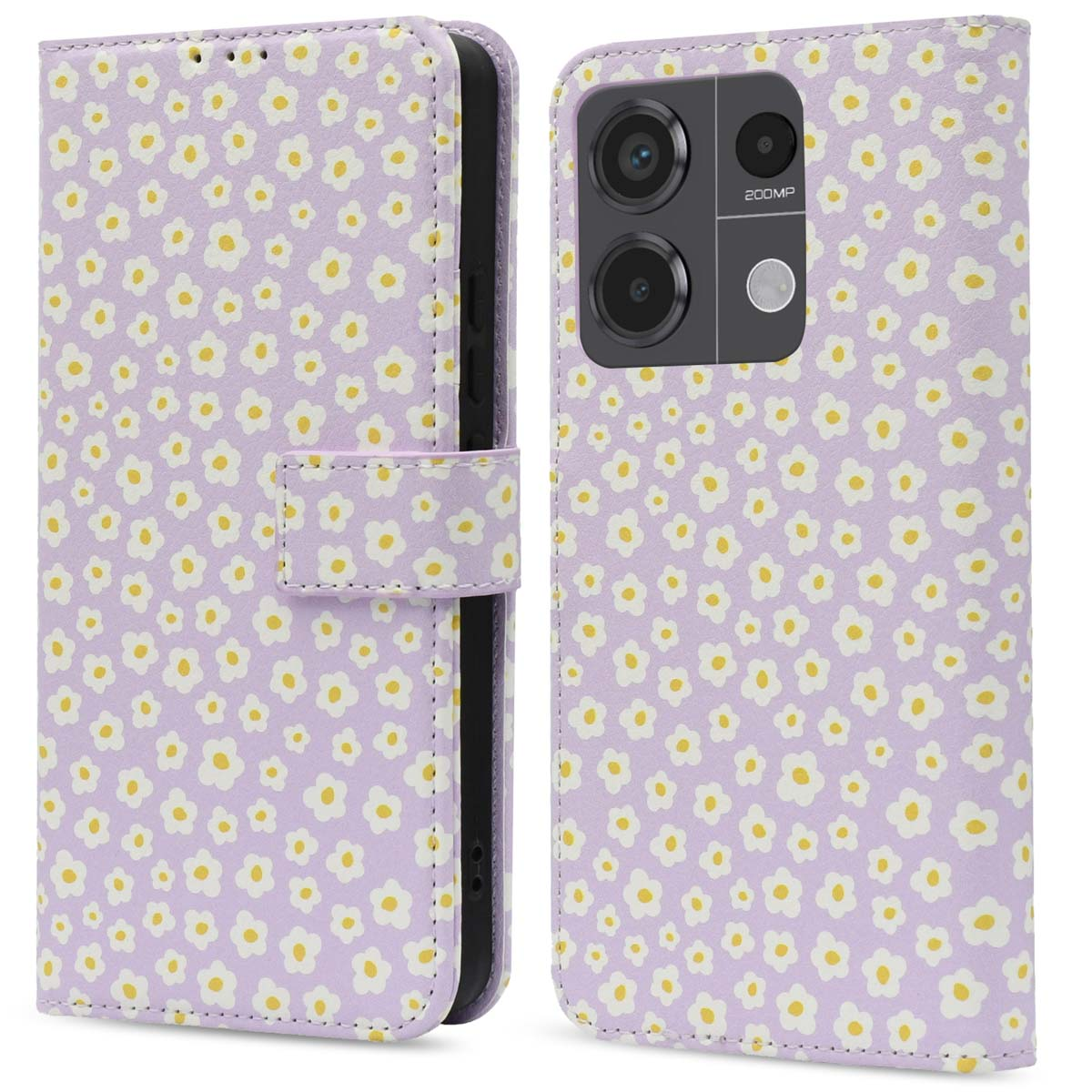 Een lila telefoonhoesje met een bloemmotief van witte en gele bloemen.