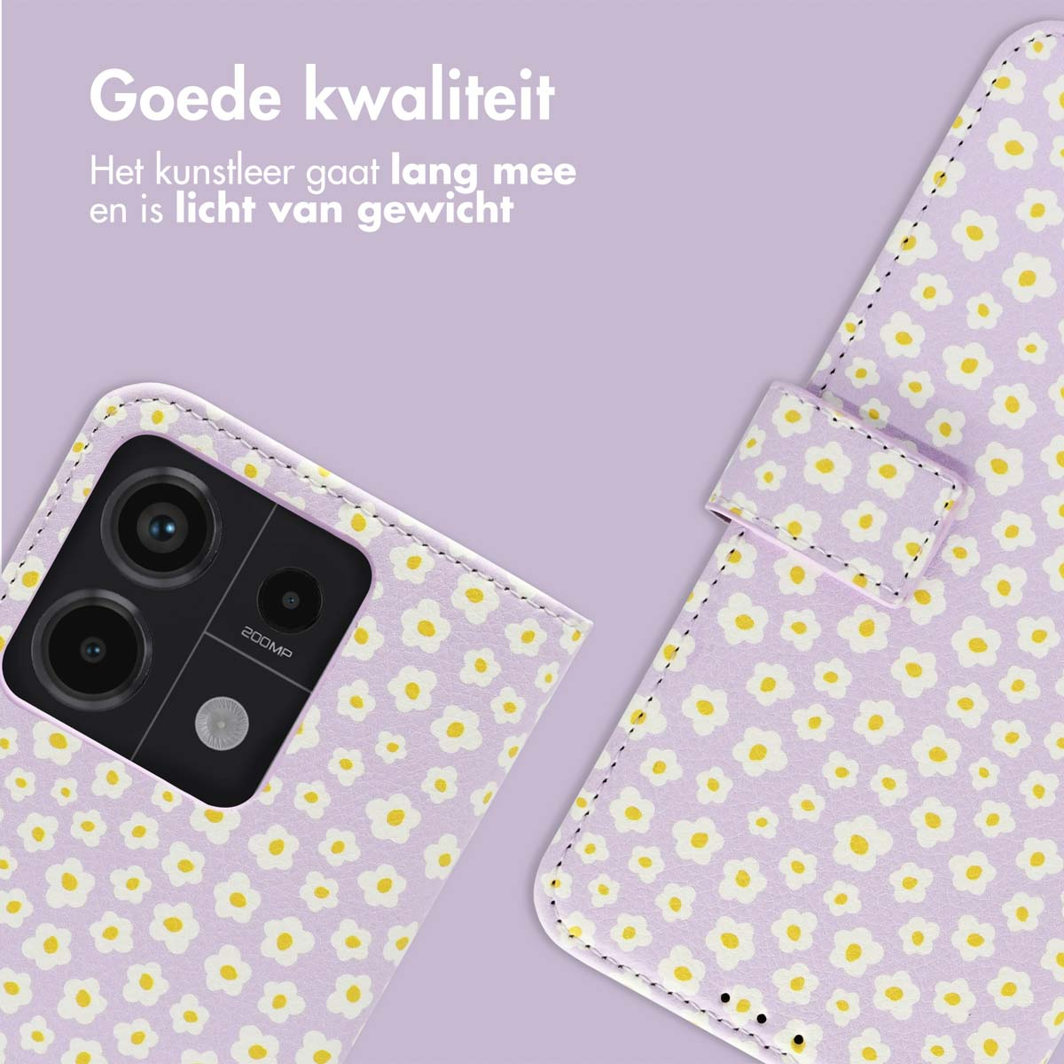 Een telefoon in een lichtpaarse hoes met een wit bloemenpatroon, op een paarse achtergrond.