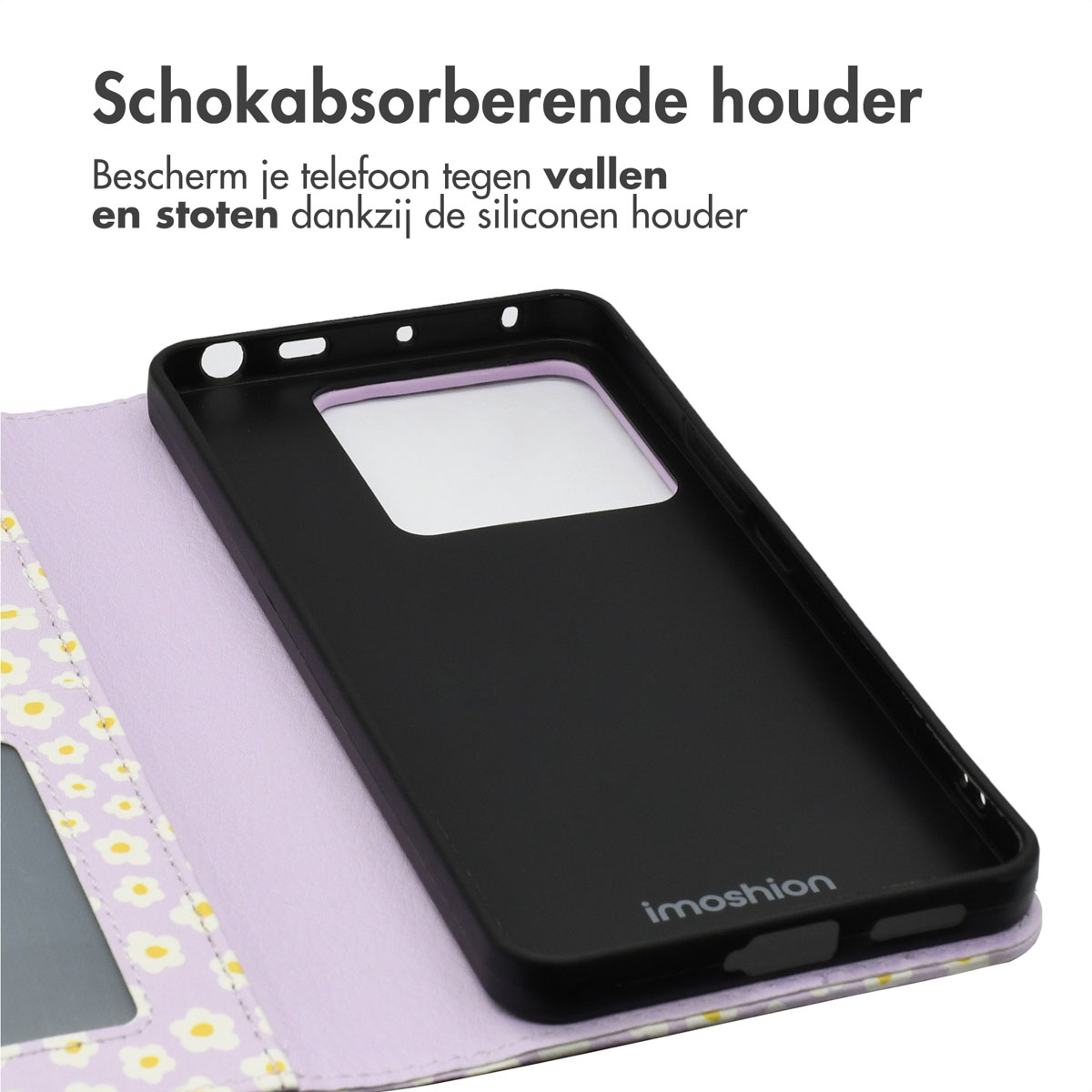Zwarte telefoonhoes binnenkant met paars bloemendesign. Toont de telefoon binnenin en de structuur van de hoes.