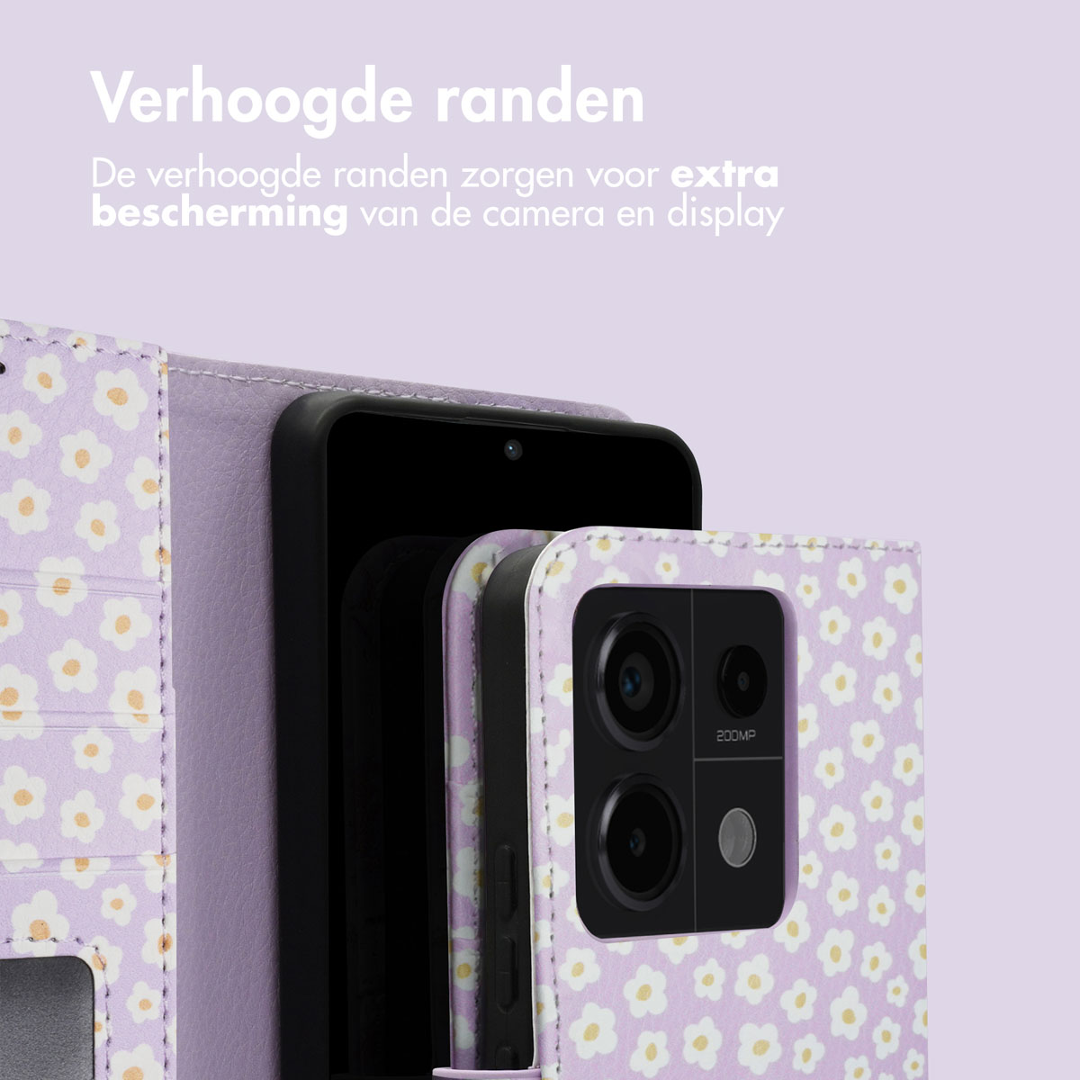 Telefoonhoesje met een bloemmotief en een telefoon erin.
