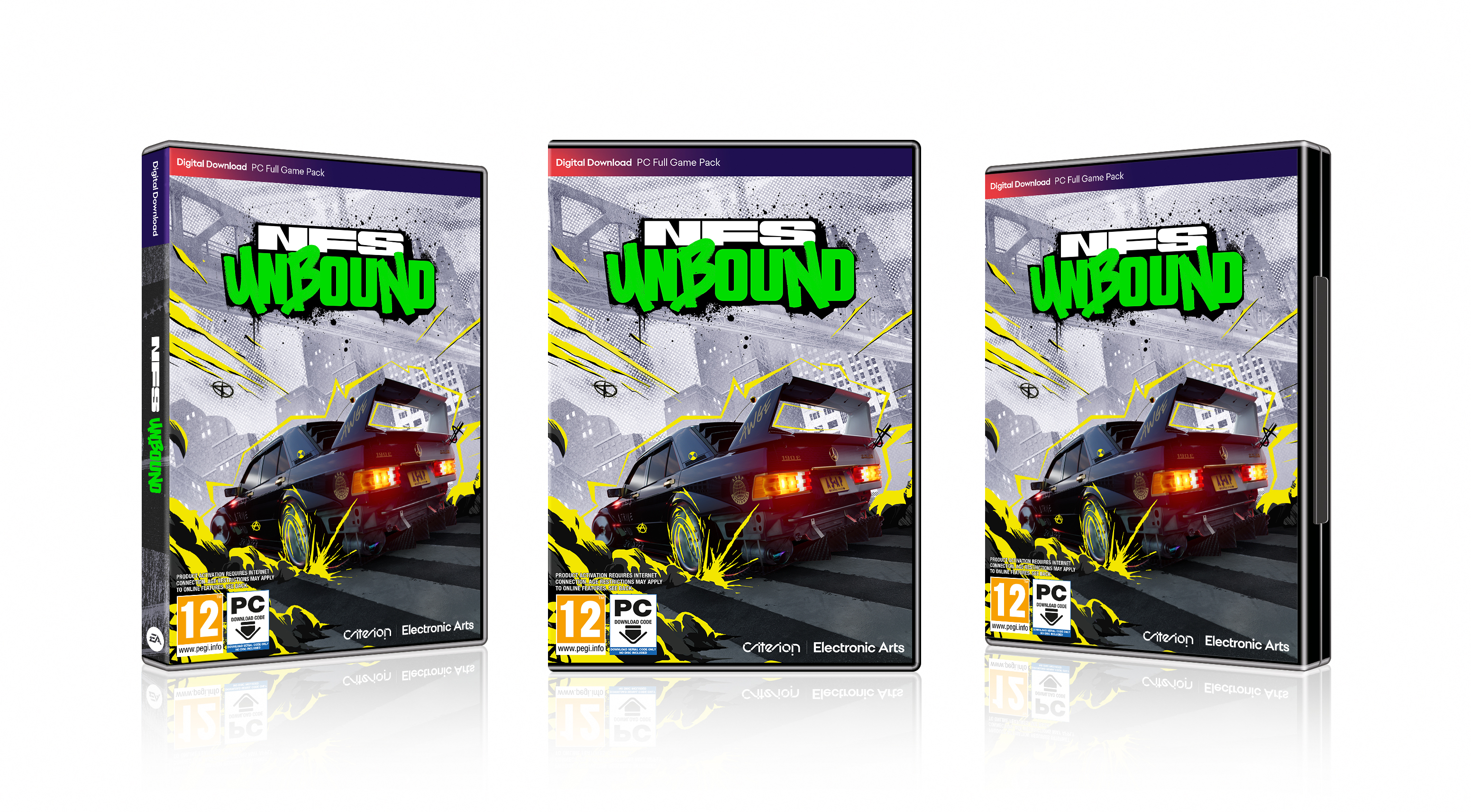 Tre scatole di gioco con il titolo 'NFS Unbound'. Un'auto nera è raffigurata sulla copertina.