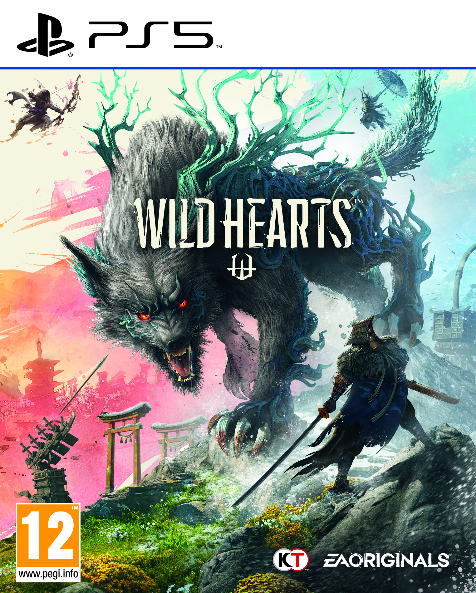 Copertina del gioco PS5: 'Wild Hearts' con una creatura simile a un lupo che combatte un guerriero.